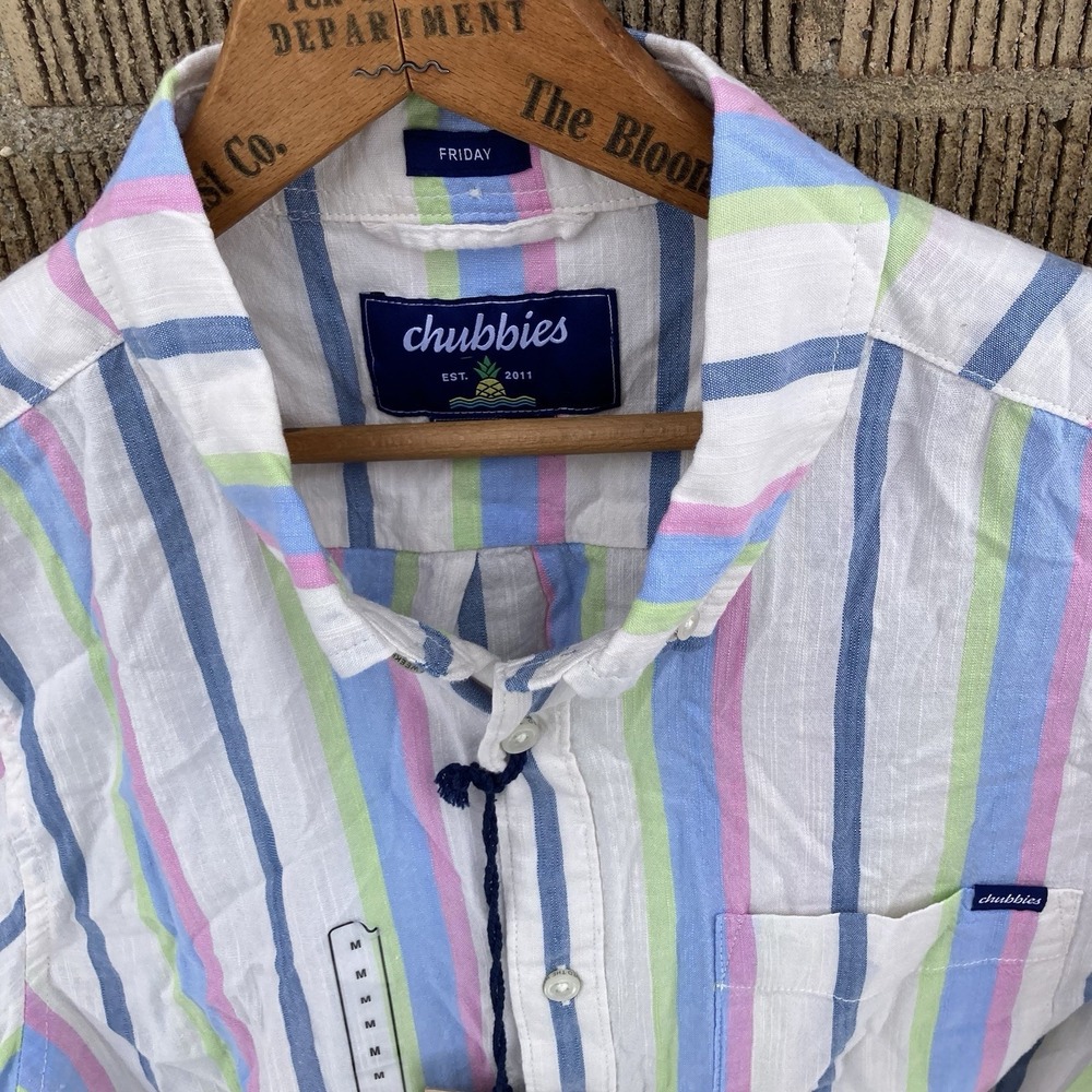 Chubbies Mens Medium Camp Shirt Pastel Stripe Easter Spring Break Vacation Beach